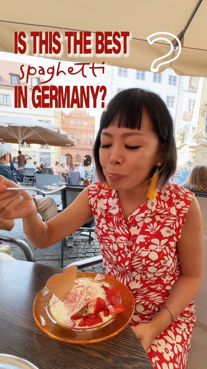 A distinctly German invention: spaghettieis! 

You won’t find this in Italy 🤣

Example variations beyond the classic strawberry version:
- “Carbonara” - vanilla or nut ice cream with eggnog liqueur cream
- “Pesto” - pistachio or kiwi sauce 
- “Bolognese” - chocolate/caramel sauce with nuts to be like ground meat 

This was fun to eat would definitely try again!